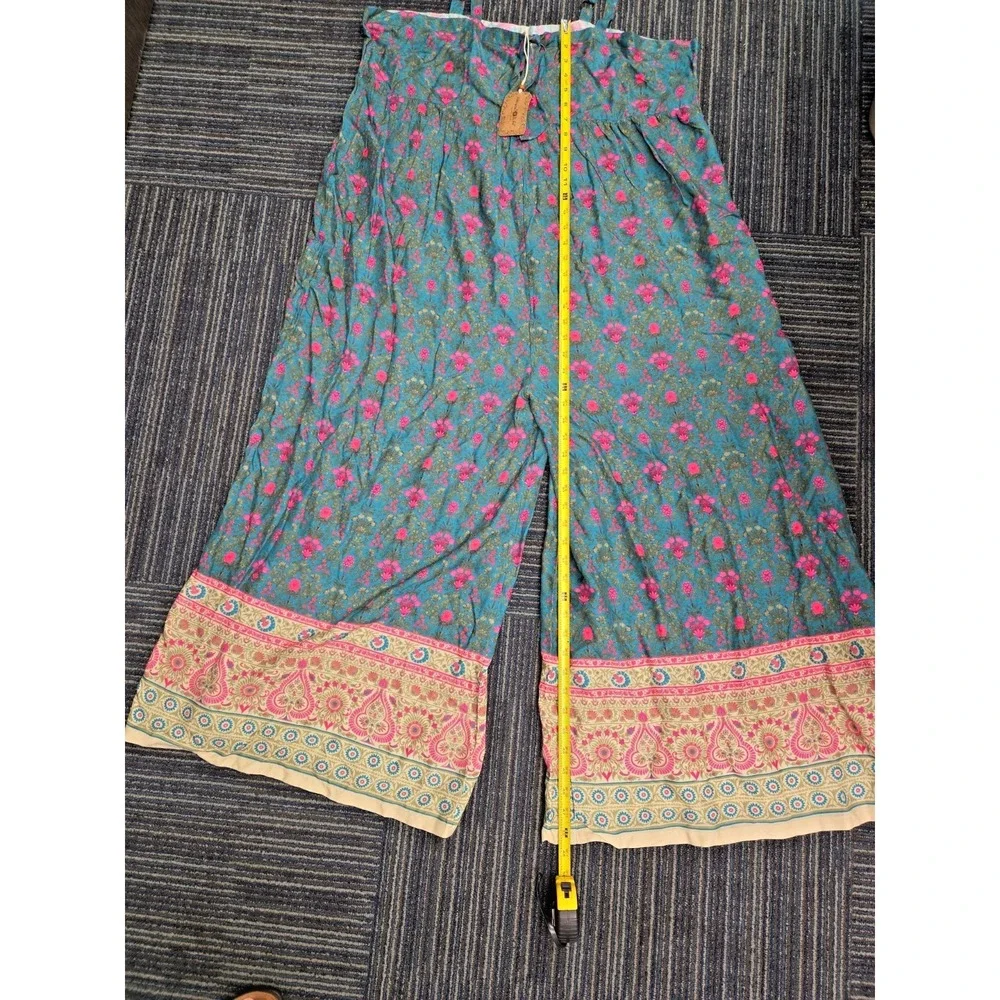 NWT‎ NATURAL LIFE Jumpsuit XL Wide Leg Floral Teal Boho Tie Front Adjust Straps